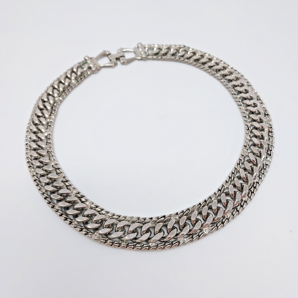 Vintage Polished Silver Tone Heavy Curb Link Chain Choker 14 to 16" 1990s